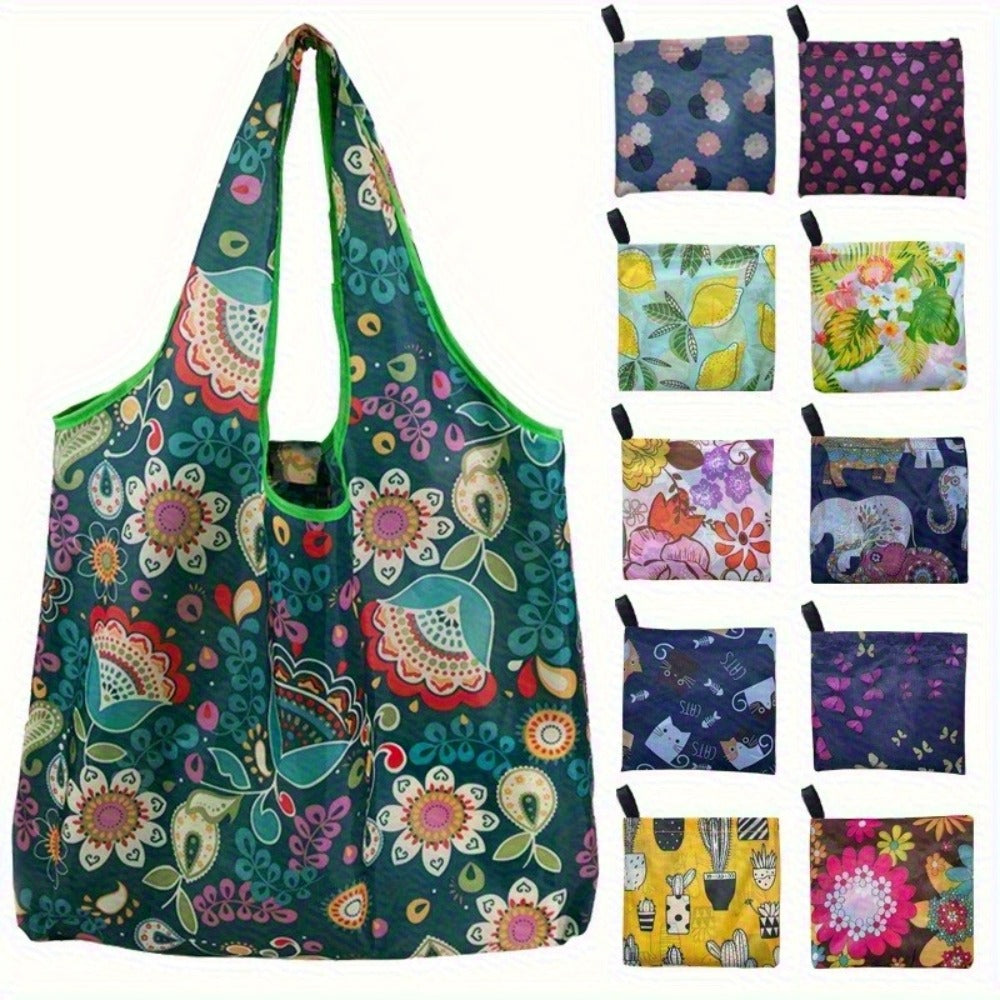 Reusable Foldable Shopping Tote Bag Set with Eight Assorted Printed Designs and Matching Zipper Pouches