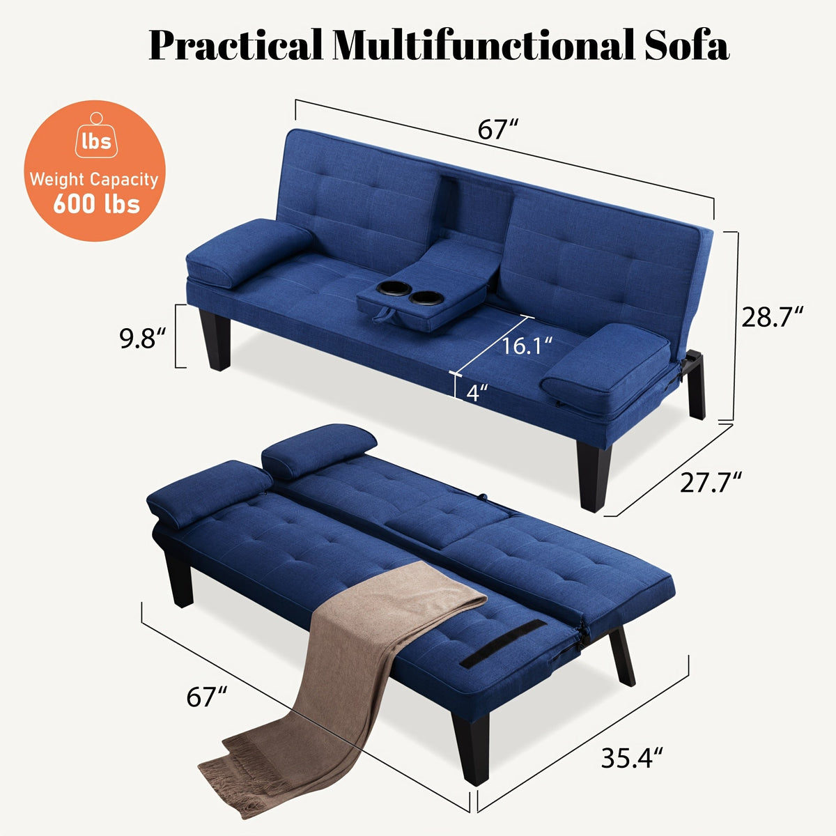 Futon Sofa Bed shown in the Blue option