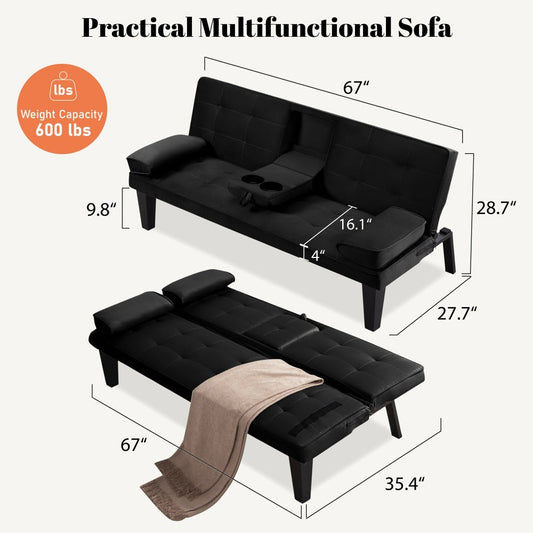 Futon Sofa Bed, Convertible 67 Inch Sleeper Couch with Adjustable Backrest, Cup Holders shown in the main product view