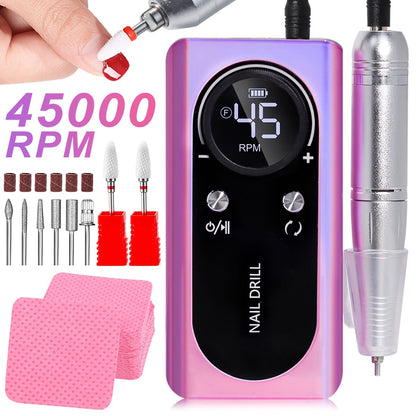 Electric Nail Drill 45000 RPM Cordless Kit with Power Display, Adjustable Speed and Three Colors