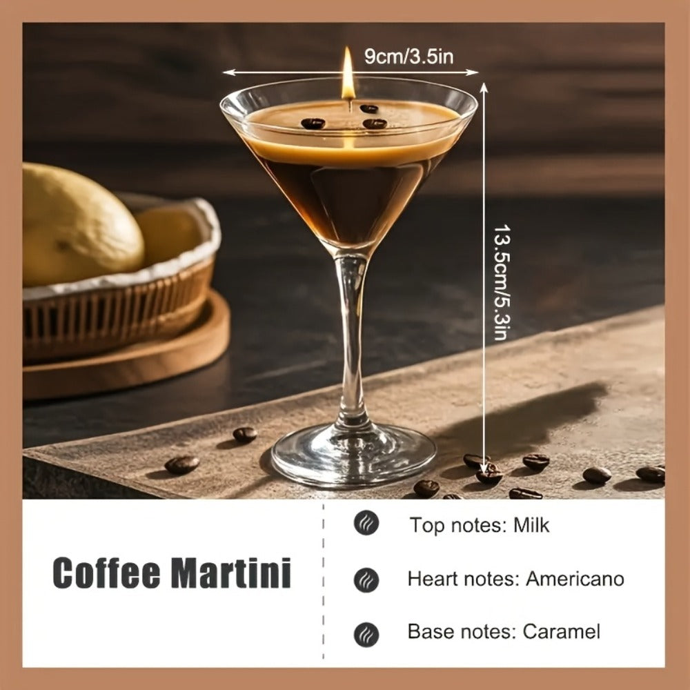 Coffee Martini Candle in Stemmed Glass with Layered Design, Coffee Bean and Glitter Details