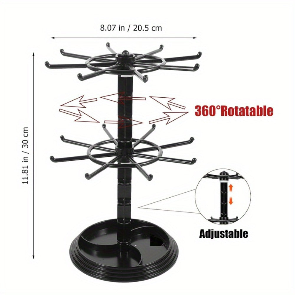 Rotating Jewelry Stand 2-Tier Black – Necklace Bracelet Earring Organizer Display Rack, Plastic Hanging Jewelry Tower for Dressing Table Counter, Keychain Holder, No Electricity Needed