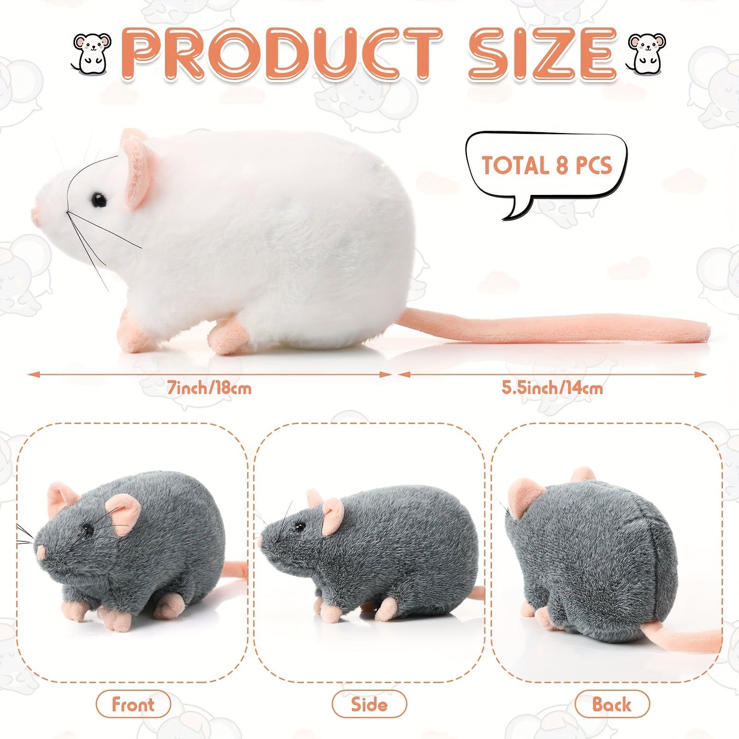 Cat Toy 8-Pack of 7-Inch Plush Mice in White, Gray and Brown with Long Tails and Rounded Bodies
