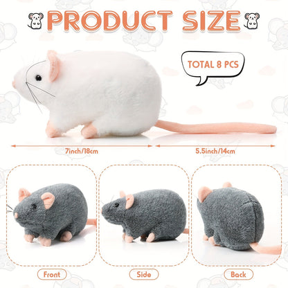 Cat Toy 8-Pack of 7-Inch Plush Mice in White, Gray and Brown with Long Tails and Rounded Bodies