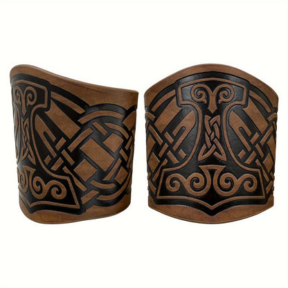 Viking Leather Cuff Bracelet Set 2pcs Norse Mythology Mjolnir Vegvisir Embossed Wristband for Men Women Halloween Gift