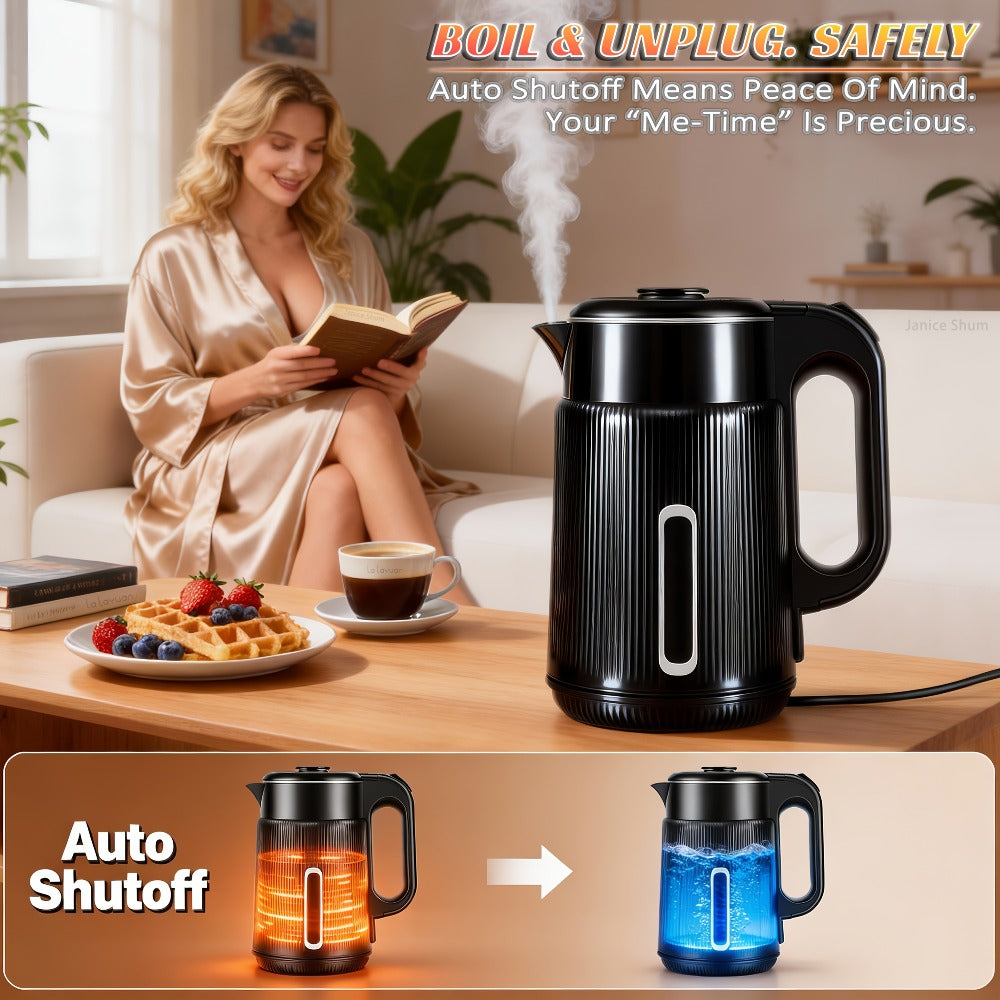 Electric Kettle 1.7L 1000W Double-Wall Stainless Steel with LED Indicator and 360-Degree Base