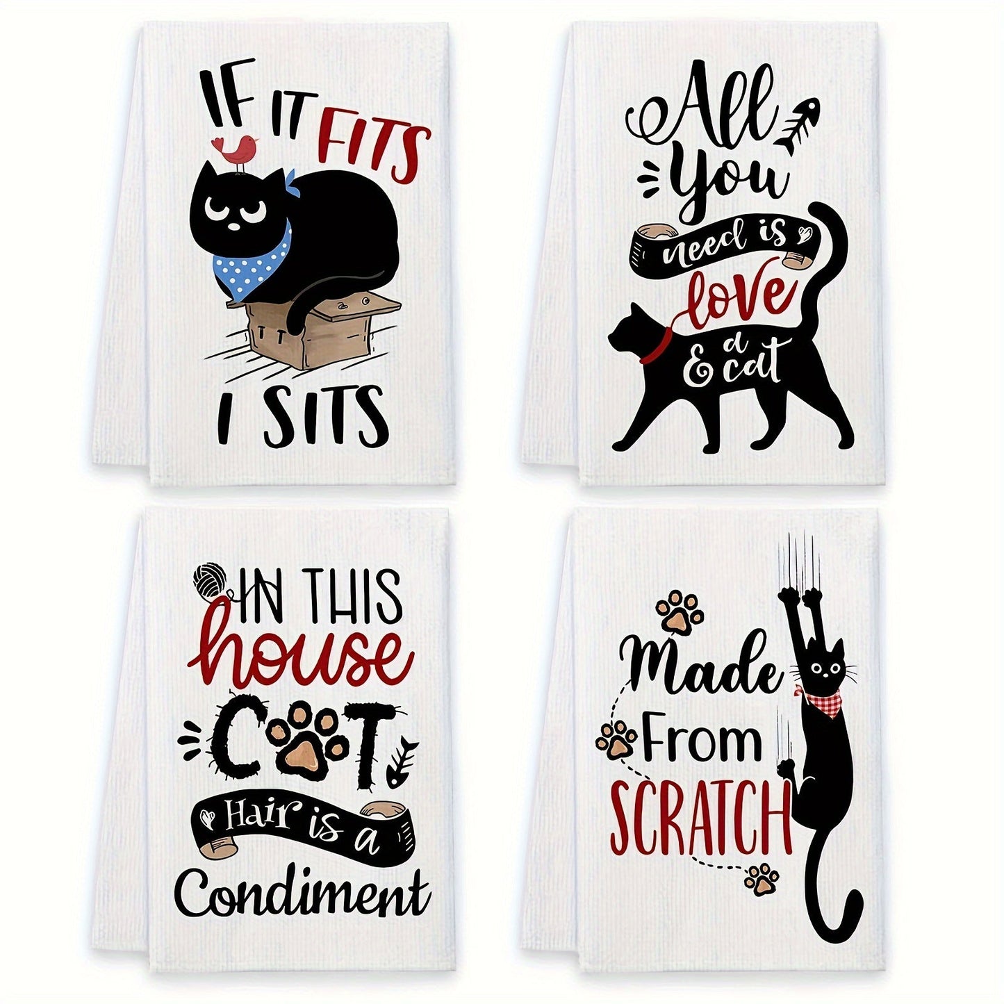 Four-Piece Cat Print Kitchen Towel Set, 16 x 24 Inches Each with Four Black-and-White Illustrated Sayings