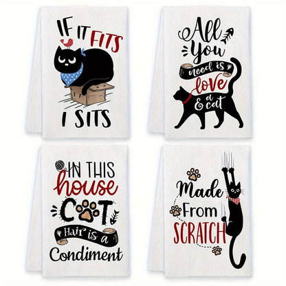 Four-Piece Cat Print Kitchen Towel Set, 16 x 24 Inches Each with Four Black-and-White Illustrated Sayings