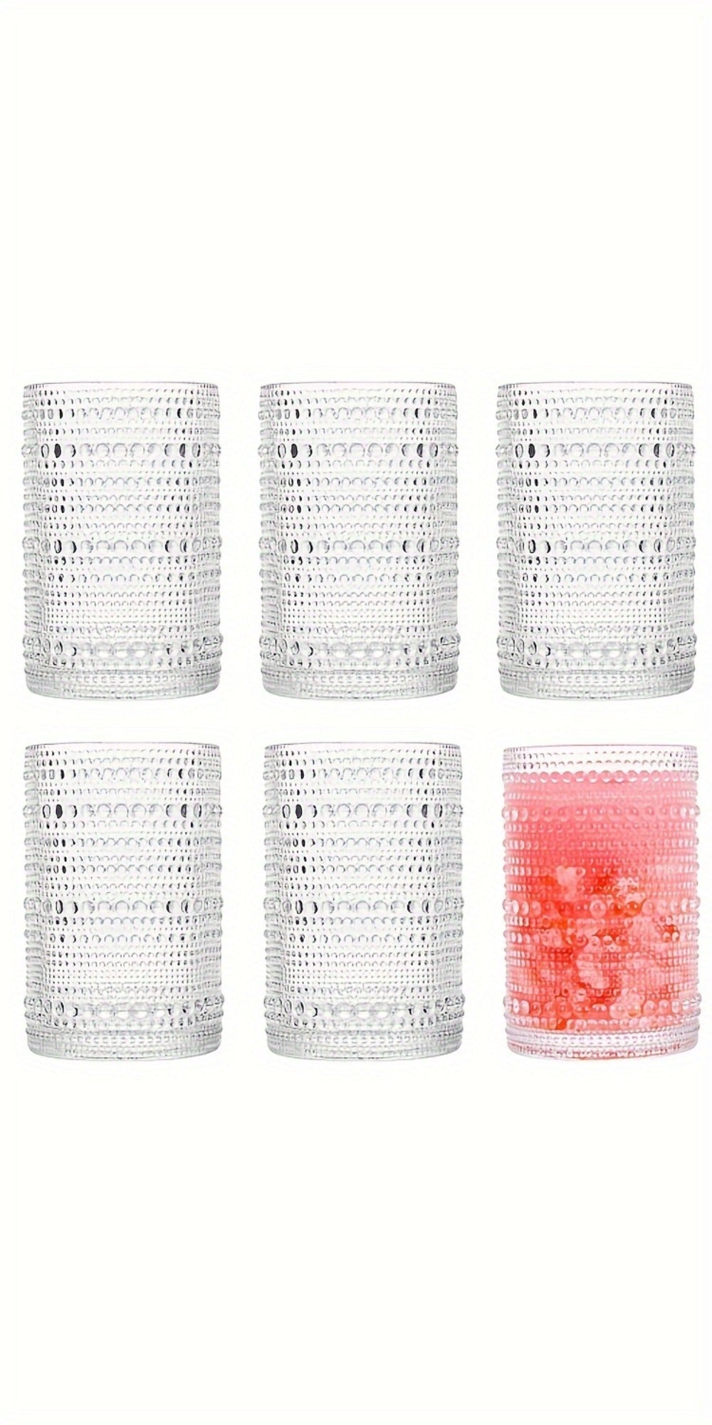Clear Hobnail Drinking Glasses, Six-Piece 13-Ounce Tumbler Set with Embossed Dot Pattern for Table Settings