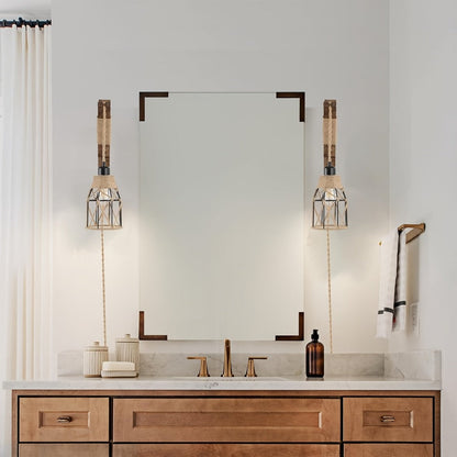 Plug-In Cage Wall Sconce with Wooden Bracket, 250 cm Cord and Single or Two-Piece Farmhouse Options