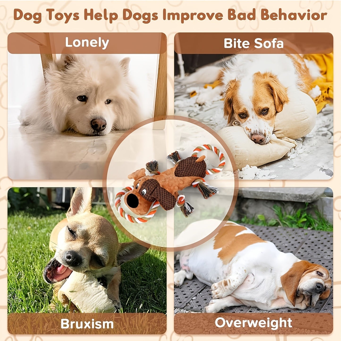Dog Toy Plush Rope Animal with Squeaker, Crinkle Paper and Four Styles for Chew, Tug and Fetch Play