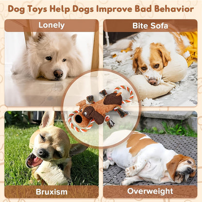 Dog Toy Plush Rope Animal with Squeaker, Crinkle Paper and Four Styles for Chew, Tug and Fetch Play