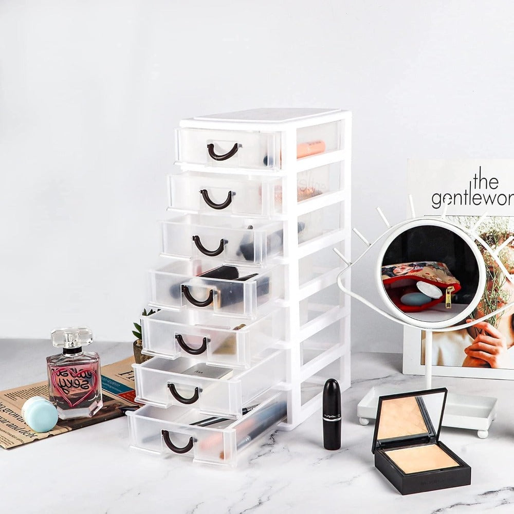 Seven-Drawer Desktop Organizer in Black or White, One- or Two-Piece Set with Clear Front Drawers