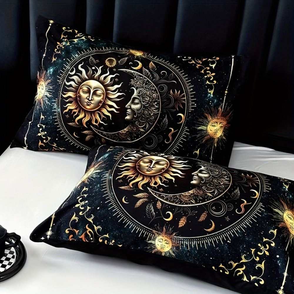 3-Piece Duvet Cover Set with Gold-Tone Sun, Moon, Star and Orbit Print in Twin to King Sizes