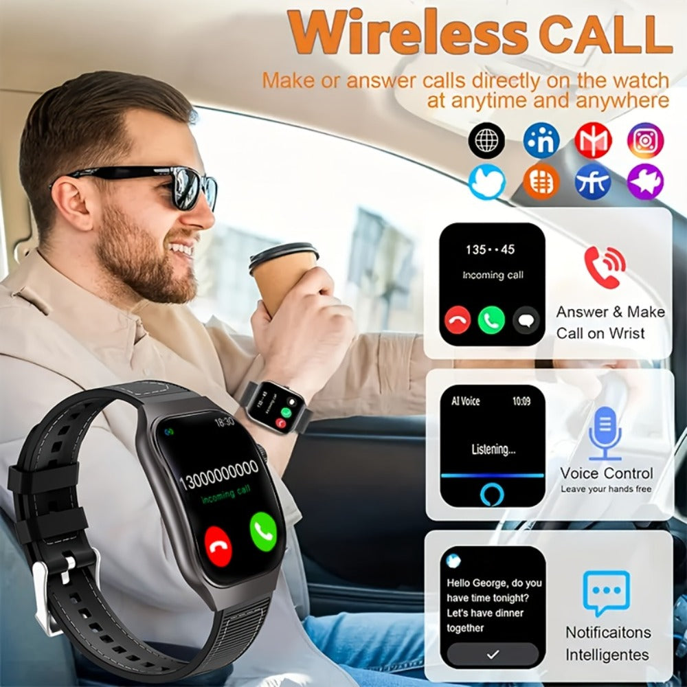 2.01 Inch Curved Screen Smartwatch Bluetooth 5.3 HD Calling Built-In Games Voice Assistant 100 Sport Modes Magnetic Charging Heart Rate Blood Oxygen Sleep Tracker Full Touch Classic Design Black Blue Silver