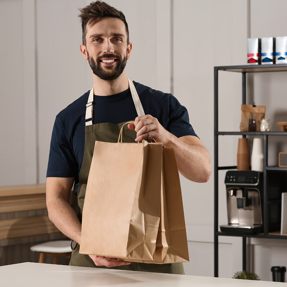 Kraft Paper Gift Bags with Handles in 75, 90, 120 or 210-Piece Mixed-Size Checkout Options