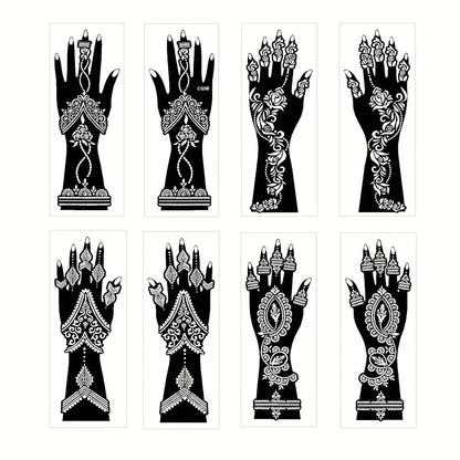 Eight-Piece Hand Tattoo Stencil Set with Long Henna-Style Floral Patterns in SM012 or SM013