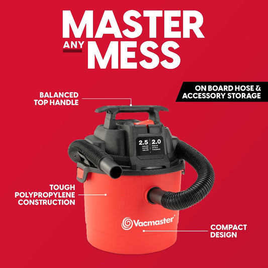 Wet Dry Vacuum Cleaner 2.5 Gallon Shop Vac – Vacmaster 2 Peak HP with Blower Function, Wall Mount & On-Board Storage for Garage, Car, Workshop, Home