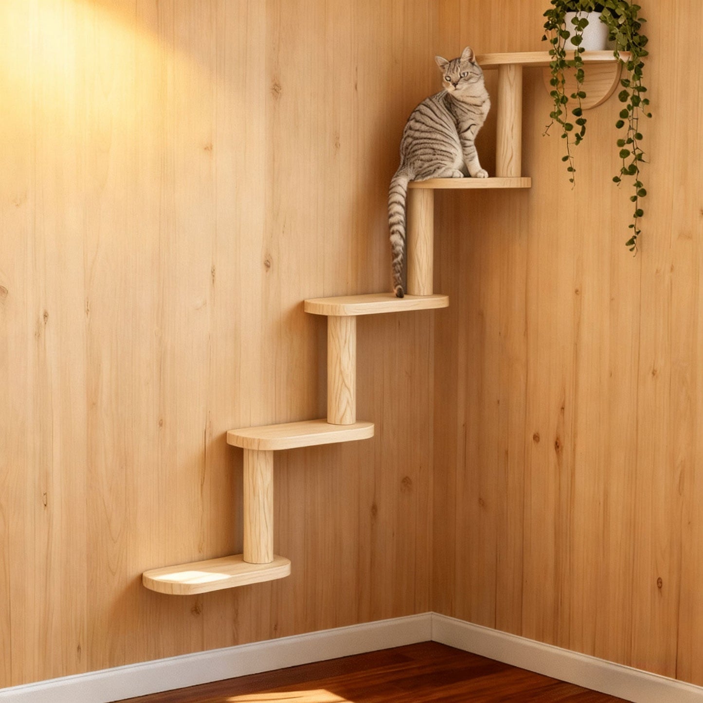 Wall-Mounted Cat Tree 5 Layers Solid Wood Indoor Cat Climbing Frame Jumping Platform Ladder Space-Saving for Small Spaces Multi-Cat Homes Living Room Bedroom Balcony