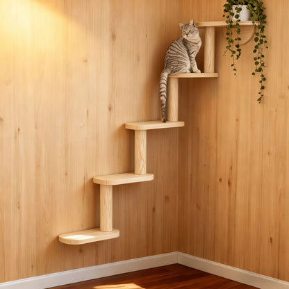 Wall-Mounted Cat Tree 5 Layers Solid Wood Indoor Cat Climbing Frame Jumping Platform Ladder Space-Saving for Small Spaces Multi-Cat Homes Living Room Bedroom Balcony
