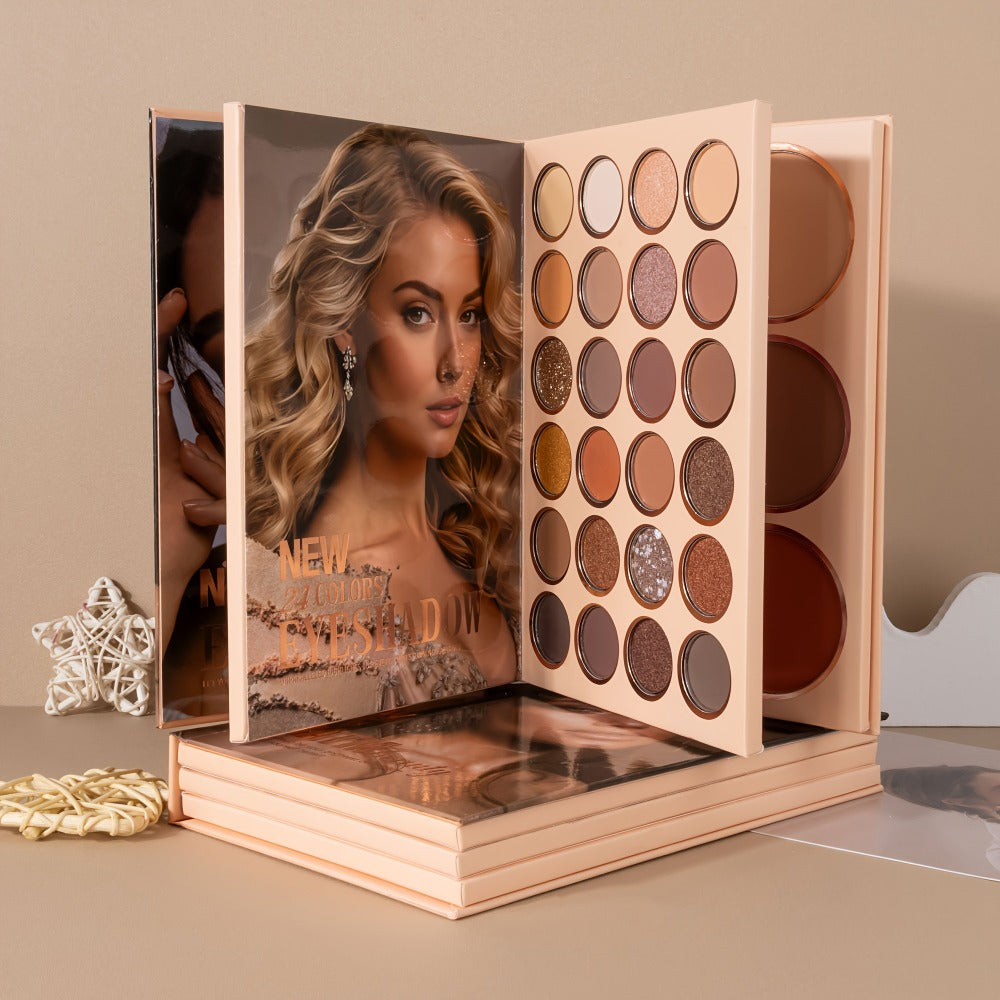 3-in-1 Eyeshadow Blush Highlighter Palette Loose Powder Book-Style Folding Compact Moisturizing Buildable Pigment Luminous Finish for Daily Glam Travel Gift Women