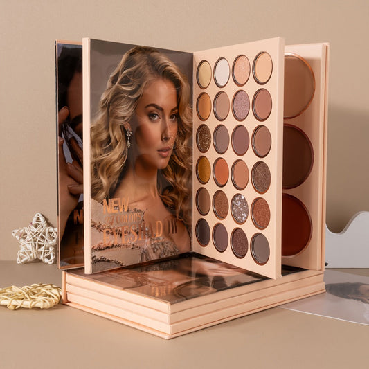 3-in-1 Eyeshadow Blush Highlighter Palette Loose Powder Book-Style Folding Compact Moisturizing Buildable Pigment Luminous Finish for Daily Glam Travel Gift Women
