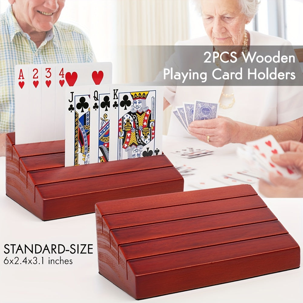 Two-Piece Wood-Look Playing Card Holder Set with Four Ascending Slots and Capacity for Up to 40 Cards Each