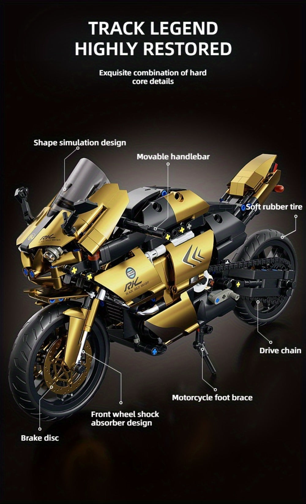 1000PCS Motorcycle Building Blocks 1:10 Scale DIY Black & Gold Motorbike Model Kit – Adult Collector Display Ornament, Exquisite Detail Assembly, Unique Gift for Men Motorcycle Enthusiasts Ages 14+