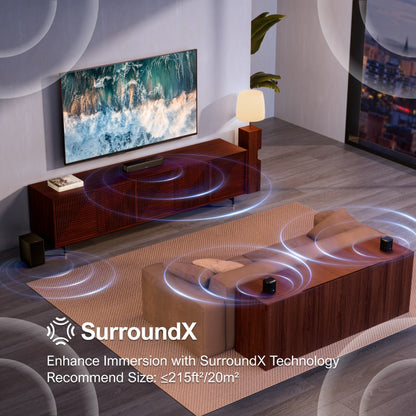 5.1 Surround Sound Bar System with Wired Subwoofer 2 Surround Speakers App Control SurroundX Technology 6 EQ Modes Optical AUX Home Theater TV Soundbar for Smart TV
