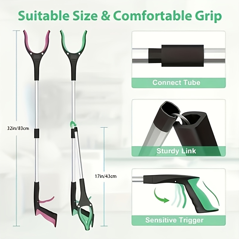 Foldable Grabber Reacher 32-Inch Heavy Duty with Extendable Arm & Anti-Slip Grip - Portable Lightweight Reach Tool for Elderly, Disabled, Home, Office & Outdoor Hard-to-Reach Areas, Ceiling & Shelves