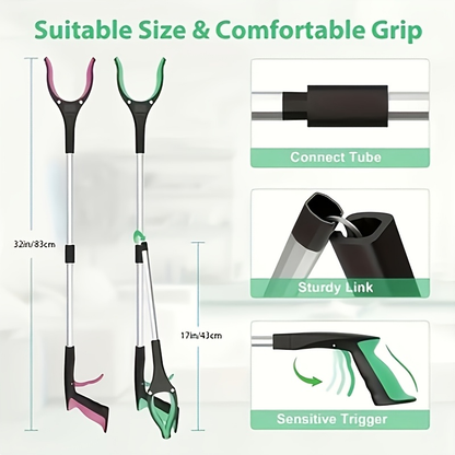 Foldable Grabber Reacher 32-Inch Heavy Duty with Extendable Arm & Anti-Slip Grip - Portable Lightweight Reach Tool for Elderly, Disabled, Home, Office & Outdoor Hard-to-Reach Areas, Ceiling & Shelves
