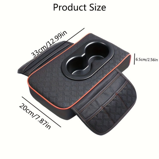 Car Center Console Cover PU Leather – Universal Armrest Box Mat with 2 Cup Holders & 2 Side Pockets, Phone & Card Storage, Fits Most Car Models, Optional Tissue Box