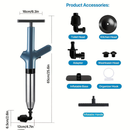 Toilet Plunger Set High Pressure Air Drain Unclogger - Stainless Steel Toilet Snake & Air Discharge Impactor for Clogged Toilet, Kitchen Sink, Bathroom Drain & Pipe Blockage Removal