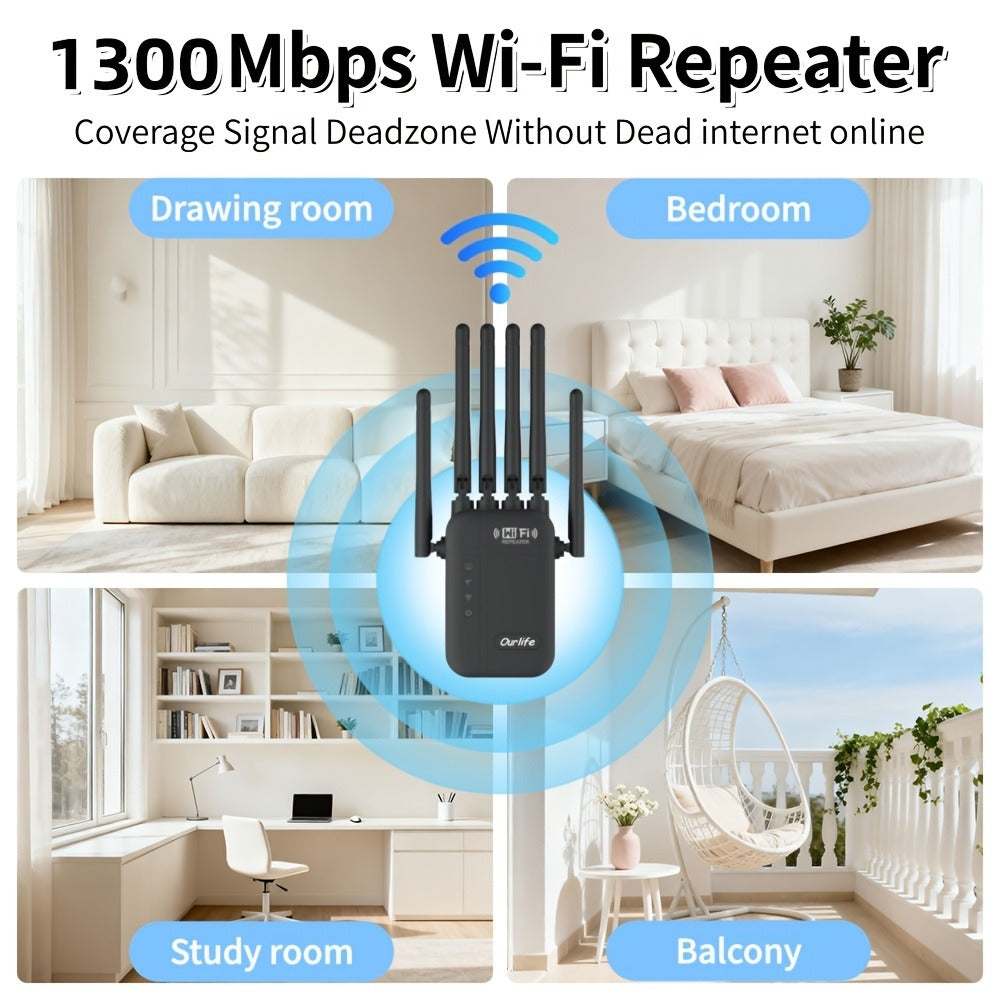 AC1200 WiFi Signal Booster 1200Mbps Dual Band 2-Pack – WiFi Extender Repeater 2.4GHz & 5GHz, Up to 10000 Sq Ft Whole Home Coverage, Wall Penetrating, Connects Multiple Devices (Black)