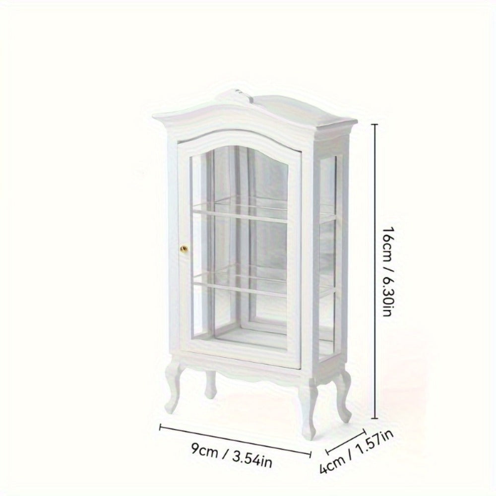 White Miniature Dollhouse Display Cabinet with Mirrored Back, Three Clear Shelves and 16 cm Height