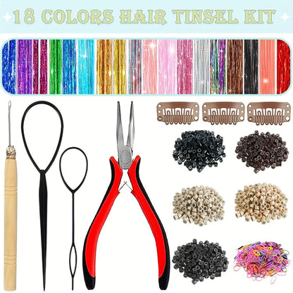 48-Inch Hair Tinsel Extension Kit with 18 Glitter Colors, 7,700 Strands, Micro Beads and Loop Tool