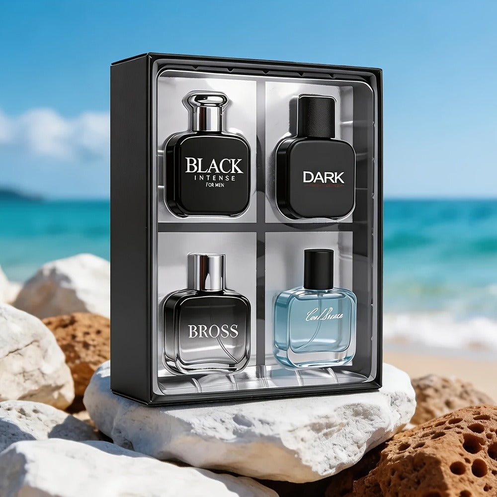 Perfume Gift Set for Men with Four 30ml Eau de Parfum Bottles, 1.5oz Body Mist and Black Box