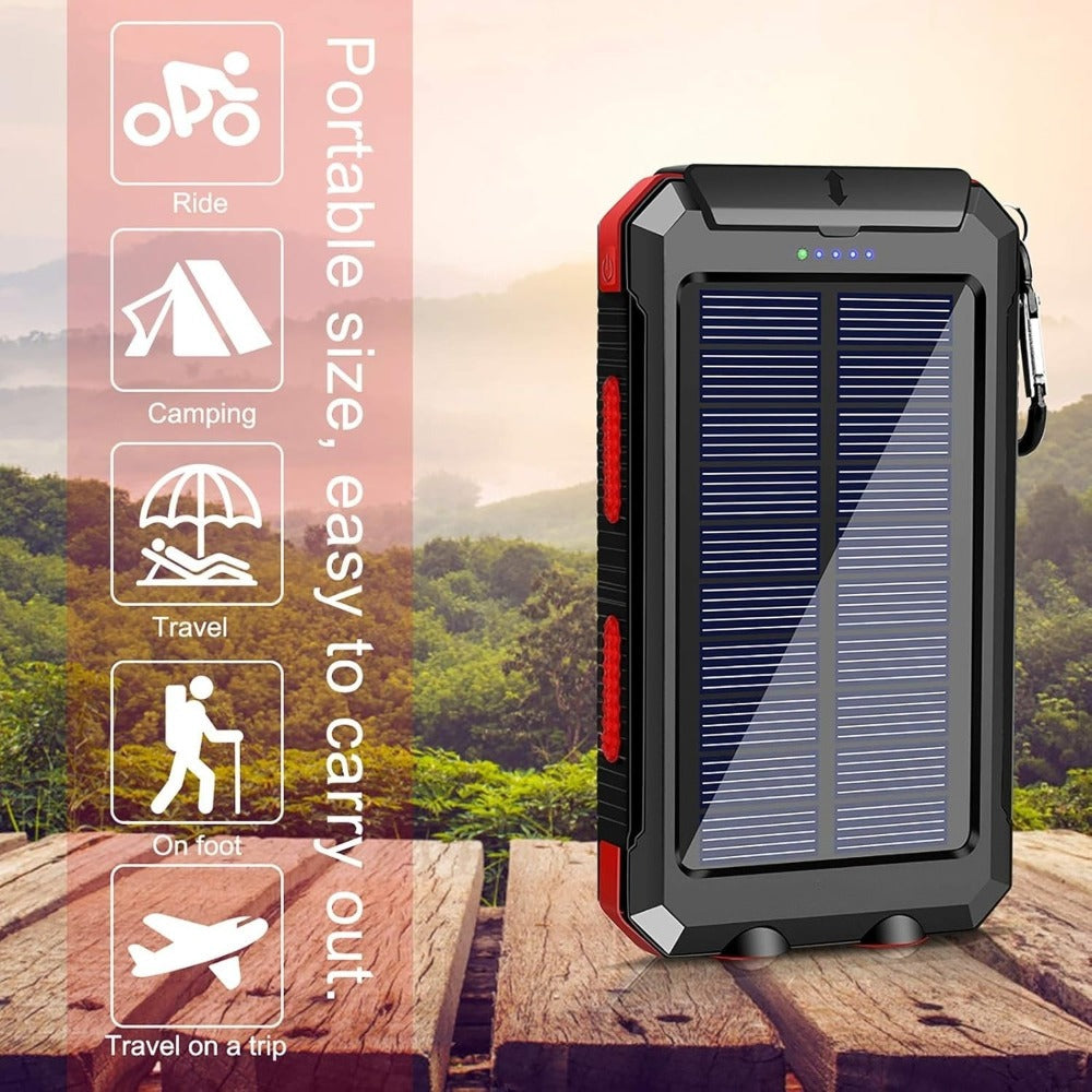 Solar Power Bank 20000mAh Outdoor Portable Charger with LED Flashlight SOS Compass & Carabiner Hook – Dual USB Waterproof Battery Pack for Camping Hiking Backpacking Emergency Survival Gear Gift