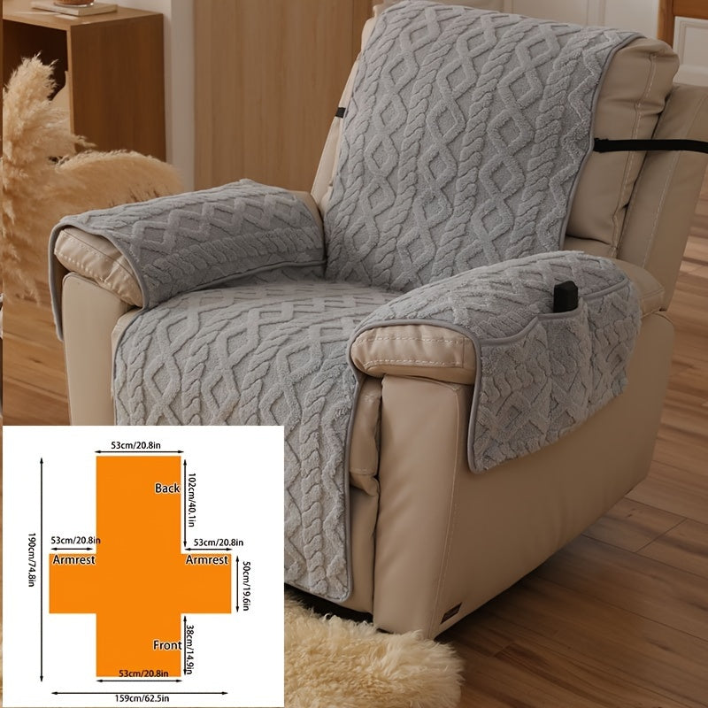 Quilted Recliner Chair Cover with Armrest Panels, Side Pocket and Elastic Straps in Three Neutral Colors