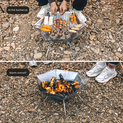 Hexagonal Folding Charcoal Grill with Stainless-Steel-Color Frame, Open Grid and Carry Bag for Outdoor Use