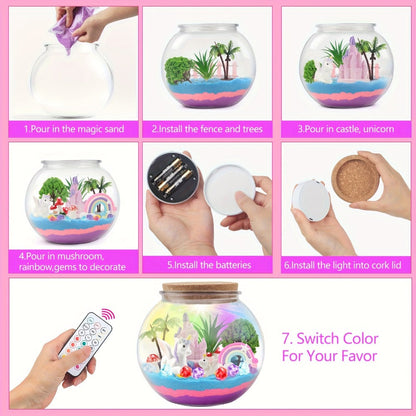 Unicorn Terrarium Craft Kit with Decorative Globe, Multicolor LED Light, Remote and Layered Sand Accessories