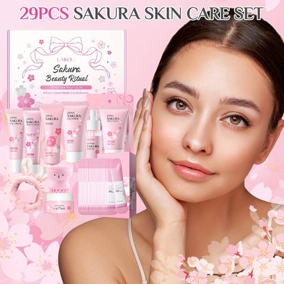 Cherry Blossom Sakura Skincare Gift Set Complete 9-Step Routine — Essence Cream Cleanser Toner Eye Cream Mud Mask Exfoliating Mask Eye Mask Lip Balm for Women Birthday Gift
