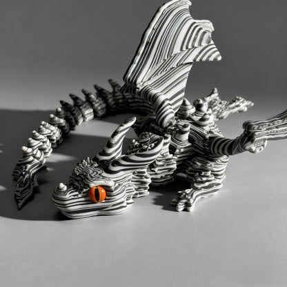 Articulated Black-and-White Swirl Dragon Figurine with Poseable Segments and Random Eye Color for Desktop Display