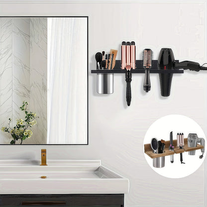 Wall-Mounted Wooden Hair Tool Organizer with Holder for Hair Dryer, Curling Iron and Brushes in Two Colors