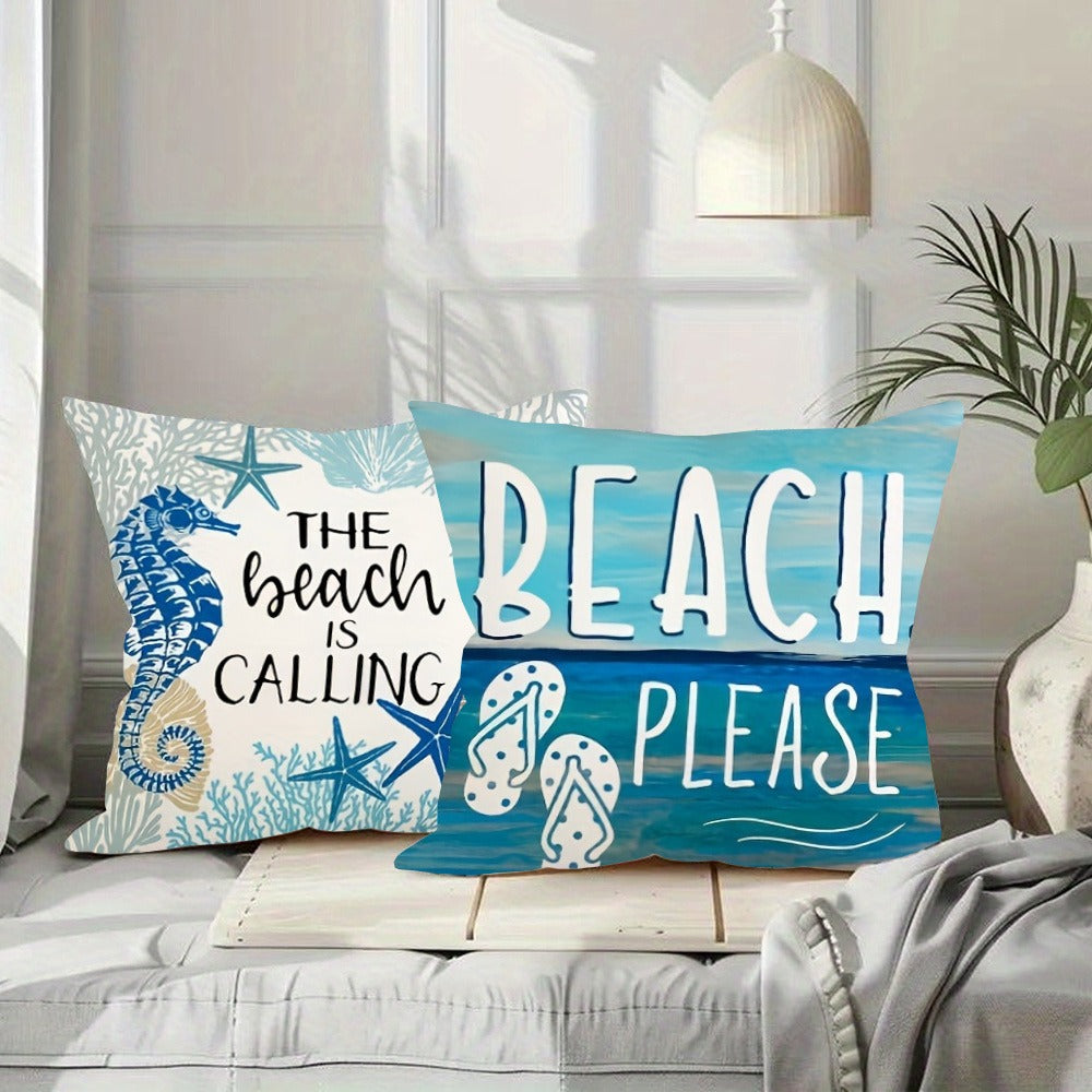 4pcs Ocean Beach Coastal Throw Pillow Covers 18x18in - Marine Life Shells Starfish Seahorse Turtle Decorative Pillowcase Set with Zipper Machine Washable for Summer Home Decor