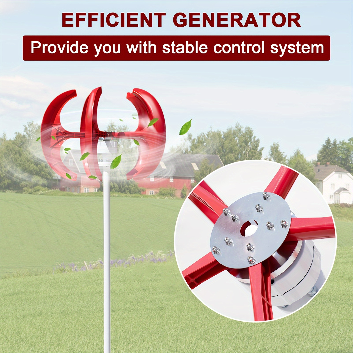 Red Vertical-Axis Wind Turbine Generator Kit with Curved Rotor Blades and Pictured Mounting Hardware