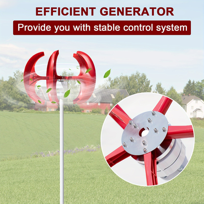 Red Vertical-Axis Wind Turbine Generator Kit with Curved Rotor Blades and Pictured Mounting Hardware