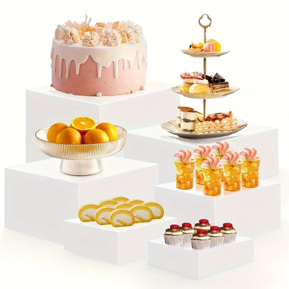 Display Stands 6pcs Five-Sided Square Buffet Risers - White Transparent Dessert Cake Display Storage Rack for Party Wedding Catering Retail Boutique Gallery Home Decor