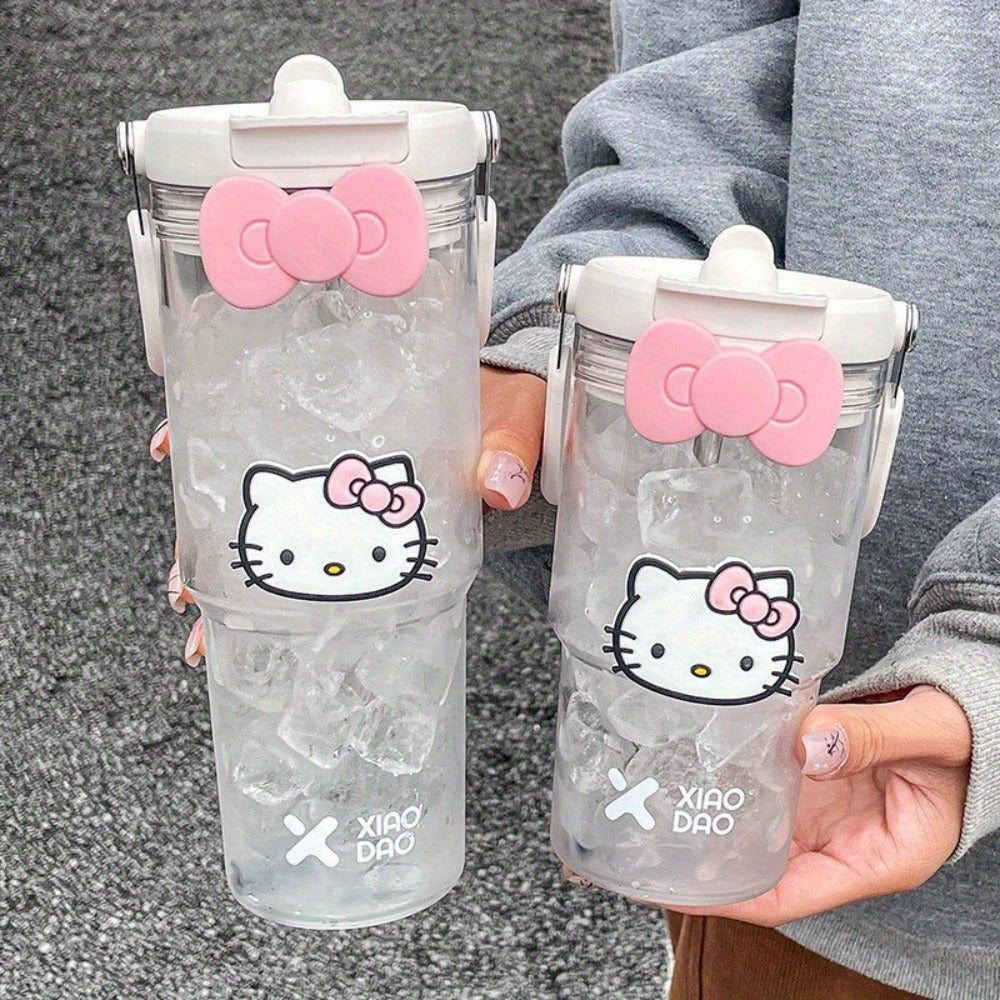 Hello Kitty Water Bottle with Straw 30 Oz – Large Capacity Cartoon Tumbler for Women & Girls – Portable Outdoor Sports Cup with Bow & Sticker – Cute Kawaii Plastic Drinkware Gift