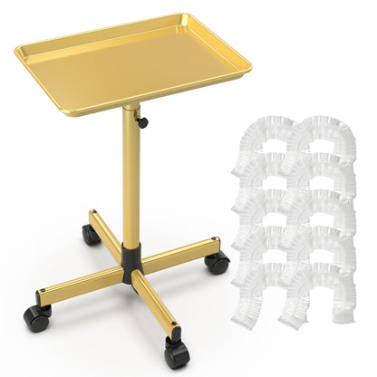 Adjustable Salon Tray Cart with 10 Disposable Covers and Gold or Pink Finish on Rolling Casters